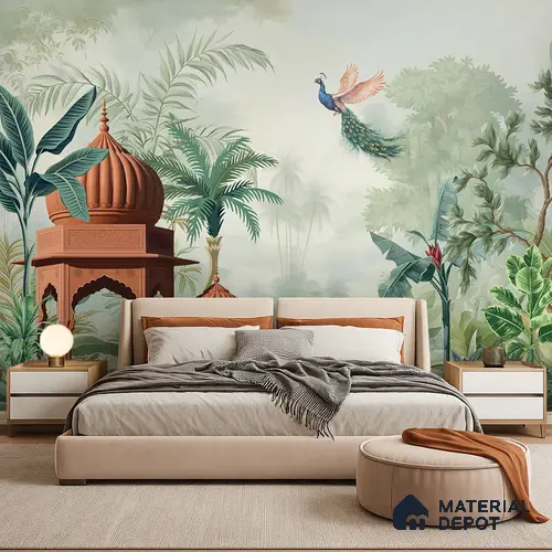Amber Pavilion Peacock Flight Dreamy Artistic | WP 03981 Non Woven Matte Finish Tropical Style Premium Customized size Wallpaper | 150 GSM WP01MTF Paper | (MOQ = 30 Sq. Ft.)
