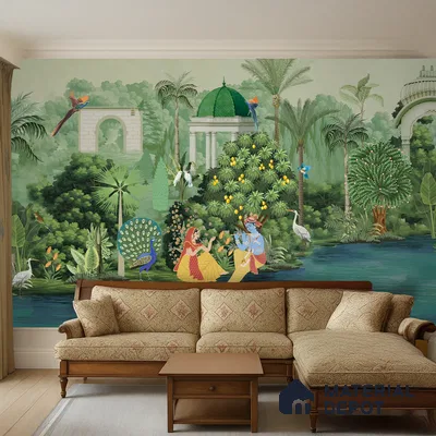 Vrindavan Bagh Elegant Mandala Shawl Print | WP 04170 B Canvas Texture Finish Tropical,Pichwai Style luxurious Customized size Wallpaper | 250 GSM WP01CNF Paper | (MOQ = 30 Sq. Ft.) | Design change not possible