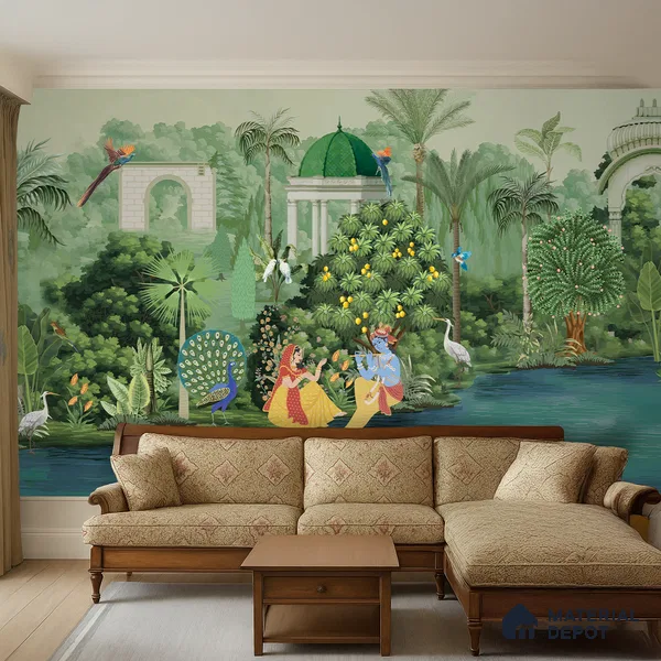 Vrindavan Bagh Elegant Mandala Shawl Print | WP 04170 B Canvas Texture Finish Tropical,Pichwai Style luxurious Customized size Wallpaper | 250 GSM WP01CNF Paper | (MOQ = 30 Sq. Ft.) | Design change not possible