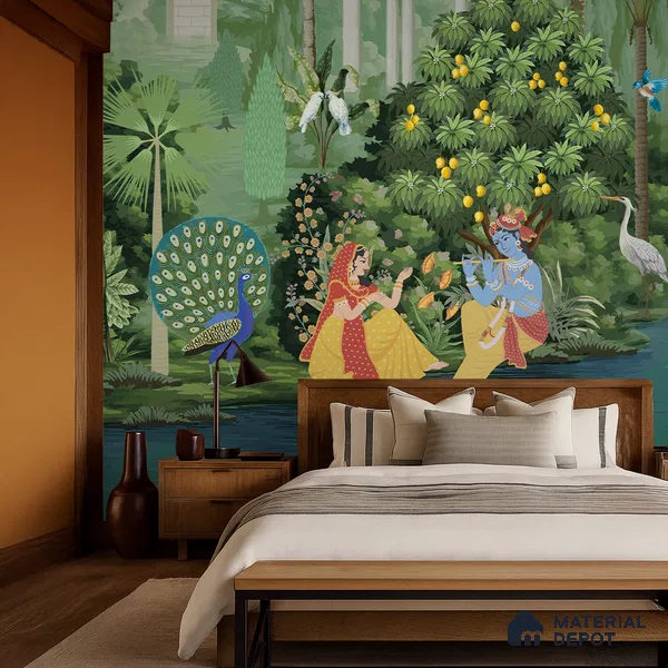 Vrindavan Bagh Elegant Mandala Shawl Print | WP 04170 B Canvas Texture Finish Tropical,Pichwai Style luxurious Customized size Wallpaper | 250 GSM WP01CNF Paper | (MOQ = 30 Sq. Ft.) | Design change not possible