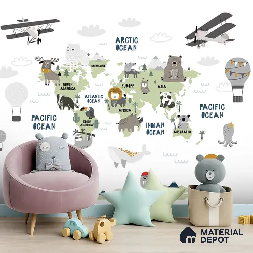 Friendly Animals World Map | WP 04078 Canvas Texture Finish Map Style luxurious Customized size Wallpaper | 250 GSM WP01CNF Paper | (MOQ = 30 Sq. Ft.)