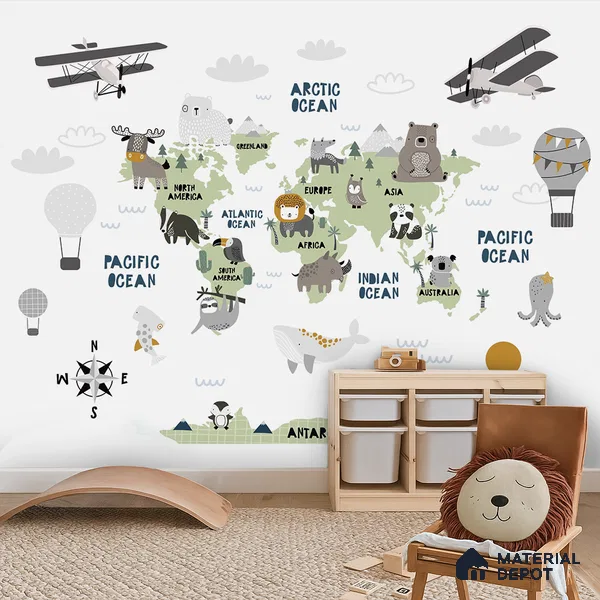 Friendly Animals World Map | WP 04078 Canvas Texture Finish Map Style luxurious Customized size Wallpaper | 250 GSM WP01CNF Paper | (MOQ = 30 Sq. Ft.)