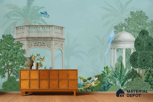 Peacock in the Palm Garden Leaf Tapestry | WP 04186 Non Woven Matte Finish Indian Style Premium Customized size Wallpaper | 150 GSM WP01MTF Paper | (MOQ = 30 Sq. Ft.)
