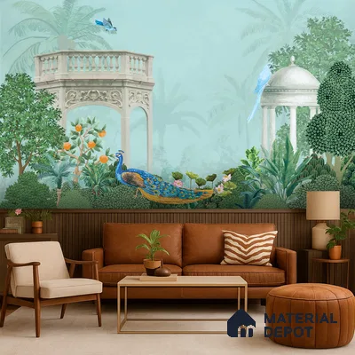 Peacock in the Palm Garden Leaf Tapestry | WP 04186 Non Woven Matte Finish Indian Style Premium Customized size Wallpaper | 150 GSM WP01MTF Paper | (MOQ = 30 Sq. Ft.)