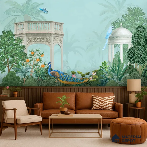 Peacock in the Palm Garden Leaf Tapestry | WP 04186 Non Woven Matte Finish Indian Style Premium Customized size Wallpaper | 150 GSM WP01MTF Paper | (MOQ = 30 Sq. Ft.)
