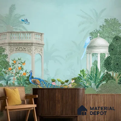 Peacock in the Palm Garden Leaf Tapestry | WP 04186 Non Woven Matte Finish Indian Style Premium Customized size Wallpaper | 150 GSM WP01MTF Paper | (MOQ = 30 Sq. Ft.)