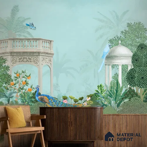 Peacock in the Palm Garden Leaf Tapestry | WP 04186 B Canvas Texture Finish Indian Style luxurious Customized size Wallpaper | 250 GSM WP01CNF Paper | (MOQ = 30 Sq. Ft.)