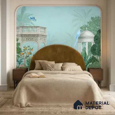 Peacock in the Palm Garden Leaf Tapestry | WP 04186 Non Woven Matte Finish Indian Style Premium Customized size Wallpaper | 150 GSM WP01MTF Paper | (MOQ = 30 Sq. Ft.)