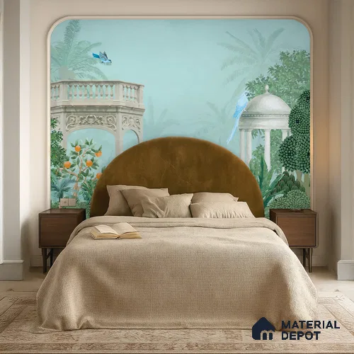 Peacock in the Palm Garden Leaf Tapestry | WP 04186 B Canvas Texture Finish Indian Style luxurious Customized size Wallpaper | 250 GSM WP01CNF Paper | (MOQ = 30 Sq. Ft.)