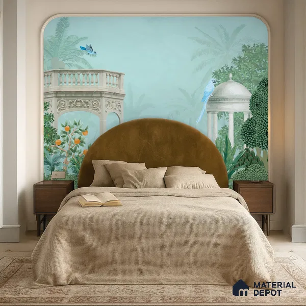 Peacock in the Palm Garden Leaf Tapestry | WP 04186 Non Woven Matte Finish Indian Style Premium Customized size Wallpaper | 150 GSM WP01MTF Paper | (MOQ = 30 Sq. Ft.)