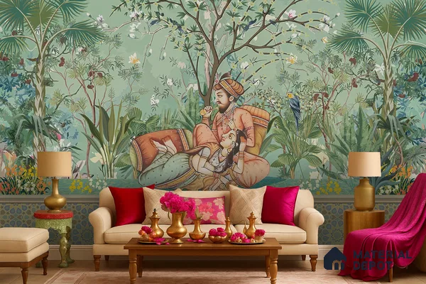 Madhuban Jaipuri Print | WP 04176 B Canvas Texture Finish Indian Style luxurious Customized size Wallpaper | 250 GSM WP01CNF Paper | (MOQ = 30 Sq. Ft.)