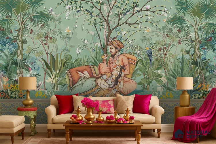 Madhuban Jaipuri Print | WP 04176 B Canvas Texture Finish Indian Style luxurious Customized size Wallpaper | 250 GSM WP01CNF Paper | (MOQ = 30 Sq. Ft.)