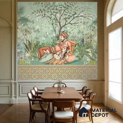 Madhuban Jaipuri Print | WP 04176 B Canvas Texture Finish Indian Style luxurious Customized size Wallpaper | 250 GSM WP01CNF Paper | (MOQ = 30 Sq. Ft.)