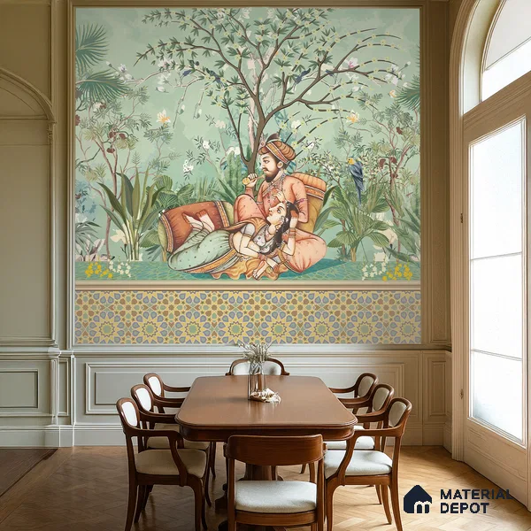 Madhuban Jaipuri Print | WP 04176 B Canvas Texture Finish Indian Style luxurious Customized size Wallpaper | 250 GSM WP01CNF Paper | (MOQ = 30 Sq. Ft.)