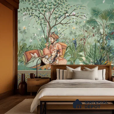 Madhuban Jaipuri Print | WP 04176 B Canvas Texture Finish Indian Style luxurious Customized size Wallpaper | 250 GSM WP01CNF Paper | (MOQ = 30 Sq. Ft.)