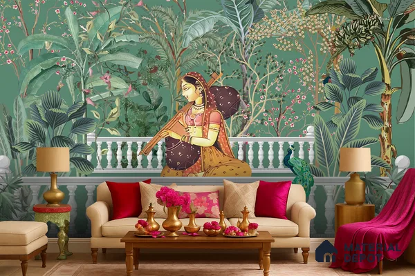 Melody in the Palace Garden Mandala | WP 04191 B Canvas Texture Finish Indian Style luxurious Customized size Wallpaper | 250 GSM WP01CNF Paper | (MOQ = 30 Sq. Ft.)
