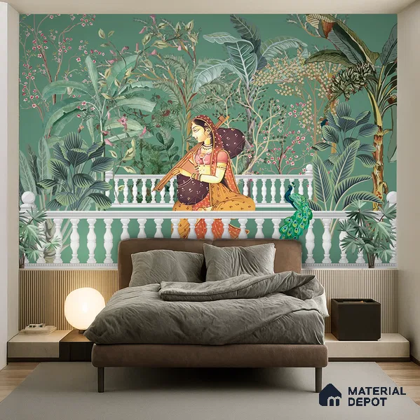 Melody in the Palace Garden Mandala | WP 04191 B Canvas Texture Finish Indian Style luxurious Customized size Wallpaper | 250 GSM WP01CNF Paper | (MOQ = 30 Sq. Ft.)