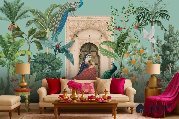 A Moment in the Courtyard Marigold Blossom Batik Design | WP 04174 Non Woven Matte Finish Indian Style Premium Customized size Wallpaper | 150 GSM WP01MTF Paper | (MOQ = 30 Sq. Ft.)