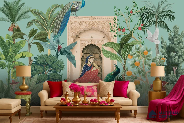 A Moment in the Courtyard Marigold Blossom Batik Design | WP 04174 Non Woven Matte Finish Indian Style Premium Customized size Wallpaper | 150 GSM WP01MTF Paper | (MOQ = 30 Sq. Ft.)