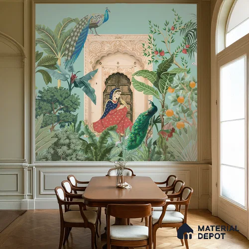 A Moment in the Courtyard Marigold Blossom Batik Design | WP 04174 B Canvas Texture Finish Indian Style luxurious Customized size Wallpaper | 250 GSM WP01CNF Paper | (MOQ = 30 Sq. Ft.)