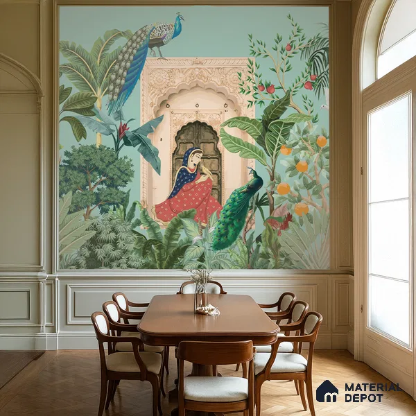 A Moment in the Courtyard Marigold Blossom Batik Design | WP 04174 Non Woven Matte Finish Indian Style Premium Customized size Wallpaper | 150 GSM WP01MTF Paper | (MOQ = 30 Sq. Ft.)