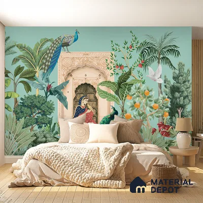 A Moment in the Courtyard Marigold Blossom Batik Design | WP 04174 Non Woven Matte Finish Indian Style Premium Customized size Wallpaper | 150 GSM WP01MTF Paper | (MOQ = 30 Sq. Ft.)