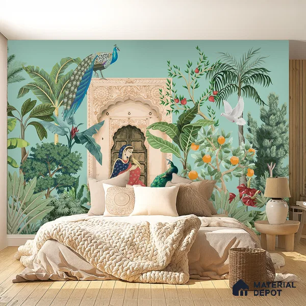 A Moment in the Courtyard Marigold Blossom Batik Design | WP 04174 Non Woven Matte Finish Indian Style Premium Customized size Wallpaper | 150 GSM WP01MTF Paper | (MOQ = 30 Sq. Ft.)