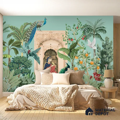 A Moment in the Courtyard Marigold Blossom Batik Design | WP 04174 B Canvas Texture Finish Indian Style luxurious Customized size Wallpaper | 250 GSM WP01CNF Paper | (MOQ = 30 Sq. Ft.)