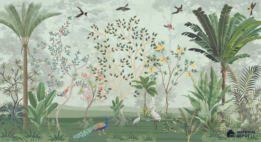 Green Orchard Court Mughal Tropics Chinoserie Mural | WP 03942 B Canvas Texture Finish Chinoiserie Style luxurious Customized size Wallpaper | 250 GSM WP01CNF Paper | (MOQ = 30 Sq. Ft.)