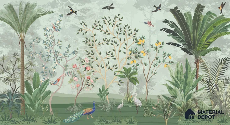 Green Orchard Court Mughal Tropics Chinoserie Mural | WP 03942 Non Woven Matte Finish Chinoiserie Style Premium Customized size Wallpaper | 150 GSM WP01MTF Paper | (MOQ = 30 Sq. Ft.)