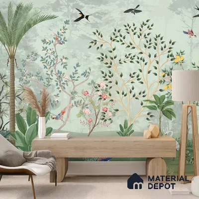 Green Orchard Court Mughal Tropics Chinoserie Mural | WP 03942 B Canvas Texture Finish Chinoiserie Style luxurious Customized size Wallpaper | 250 GSM WP01CNF Paper | (MOQ = 30 Sq. Ft.)