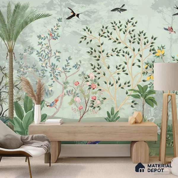 Green Orchard Court Mughal Tropics Chinoserie Mural | WP 03942 B Canvas Texture Finish Chinoiserie Style luxurious Customized size Wallpaper | 250 GSM WP01CNF Paper | (MOQ = 30 Sq. Ft.)