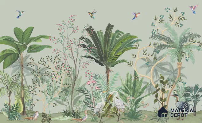 Sage Canopy Exotic Bird Garden Mughal Tropics Chinoserie Mural | WP 03944 B Canvas Texture Finish Chinoiserie Style luxurious Customized size Wallpaper | 250 GSM WP01CNF Paper | (MOQ = 30 Sq. Ft.)