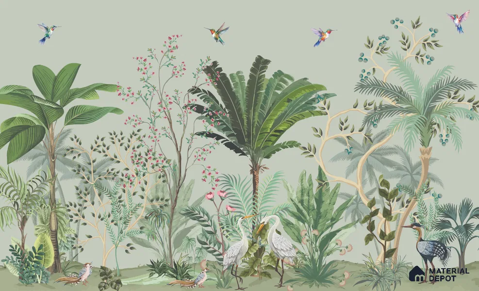 Sage Canopy Exotic Bird Garden Mughal Tropics Chinoserie Mural | WP 03944 B Canvas Texture Finish Chinoiserie Style luxurious Customized size Wallpaper | 250 GSM WP01CNF Paper | (MOQ = 30 Sq. Ft.)