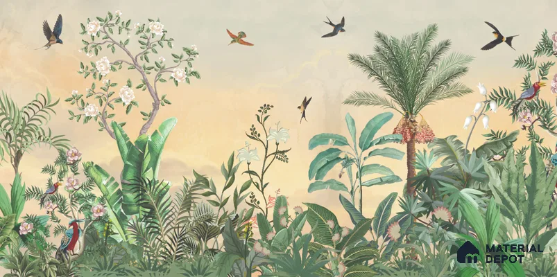 Golden Dawn Tropical Bird Garden Ornate Birds Chinoserie Classic | WP 03945 B Canvas Texture Finish Chinoiserie Style luxurious Customized size Wallpaper | 250 GSM WP01CNF Paper | (MOQ = 30 Sq. Ft.)