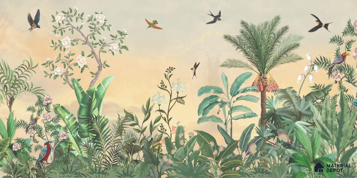 Golden Dawn Tropical Bird Garden Ornate Birds Chinoserie Classic | WP 03945 B Canvas Texture Finish Chinoiserie Style luxurious Customized size Wallpaper | 250 GSM WP01CNF Paper | (MOQ = 30 Sq. Ft.)