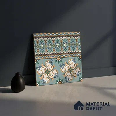 Moroccan Floor Tile TL 10332 B Pavment Green Border | 1 ft x 1 ft Ceramic Matte Finish - 9 mm | Suitable for Living Room, Kitchen, Dining Area | Please Expect a Slight Variation of Pattern