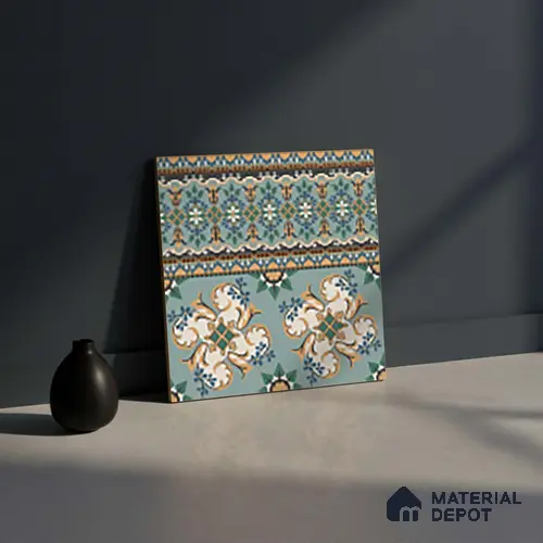 Moroccan Floor Tile TL 10332 B Pavment Green Border | 1 ft x 1 ft Ceramic Matte Finish - 9 mm | Suitable for Living Room, Bedroom, Terrace, Balcony, Dining | Please Expect a Slight Variation of Pattern