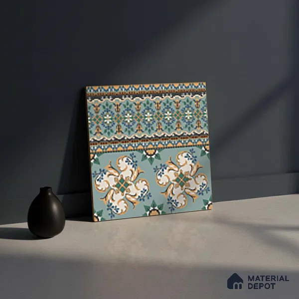 Moroccan Floor Tile TL 10332 B Pavment Green Border | 1 ft x 1 ft Ceramic Matte Finish - 9 mm | Suitable for Living Room, Kitchen, Dining Area | Please Expect a Slight Variation of Pattern