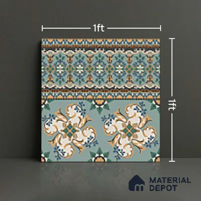Moroccan Floor Tile TL 10332 B Pavment Green Border | 1 ft x 1 ft Ceramic Matte Finish - 9 mm | Suitable for Living Room, Kitchen, Dining Area | Please Expect a Slight Variation of Pattern