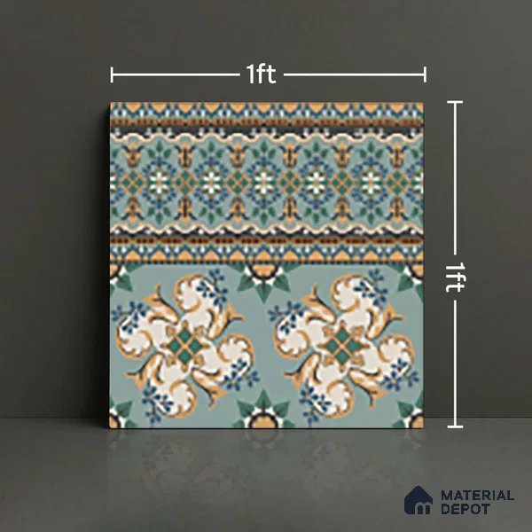 Moroccan Floor Tile TL 10332 B Pavment Green Border | 1 ft x 1 ft Ceramic Matte Finish - 9 mm | Suitable for Living Room, Kitchen, Dining Area | Please Expect a Slight Variation of Pattern
