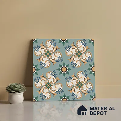 Moroccan Floor Tile TL 10332 C Pavment Green Center | 1 ft x 1 ft Ceramic Matte Finish - 9 mm | Suitable for Living Room, Kitchen, Bathroom | Please Expect a Slight Variation of Pattern