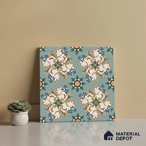 Moroccan Floor Tile TL 10332 C Pavment Green Center | 1 ft x 1 ft Ceramic Matte Finish - 9 mm | Suitable for Living Room, Bedroom, Terrace, Balcony, Dining | Please Expect a Slight Variation of Pattern