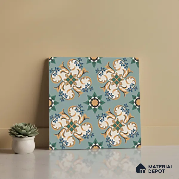 Moroccan Floor Tile TL 10332 C Pavment Green Center | 1 ft x 1 ft Ceramic Matte Finish - 9 mm | Suitable for Living Room, Kitchen, Bathroom | Please Expect a Slight Variation of Pattern