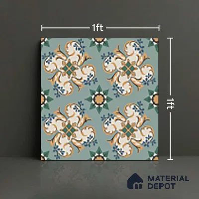 Moroccan Floor Tile TL 10332 C Pavment Green Center | 1 ft x 1 ft Ceramic Matte Finish - 9 mm | Suitable for Living Room, Kitchen, Bathroom | Please Expect a Slight Variation of Pattern