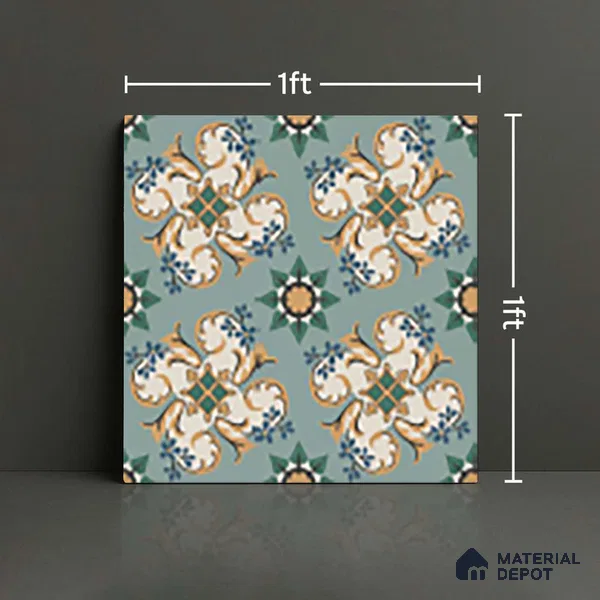 Moroccan Floor Tile TL 10332 C Pavment Green Center | 1 ft x 1 ft Ceramic Matte Finish - 9 mm | Suitable for Living Room, Kitchen, Bathroom | Please Expect a Slight Variation of Pattern