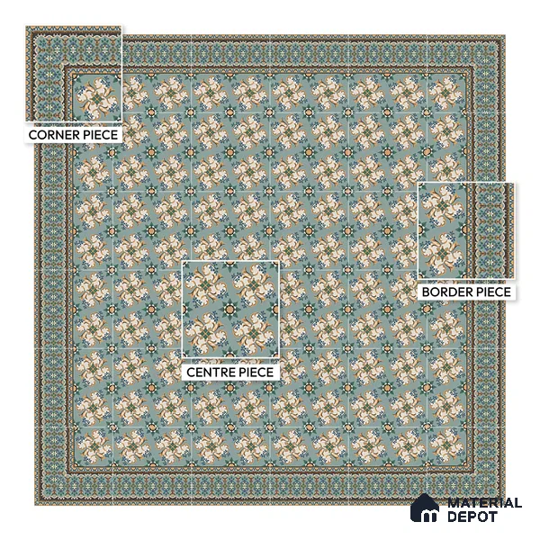Moroccan Floor Tile TL 10332 C Pavment Green Center | 1 ft x 1 ft Ceramic Matte Finish - 9 mm | Suitable for Living Room, Kitchen, Bathroom | Please Expect a Slight Variation of Pattern