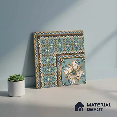 Moroccan Floor Tile TL 10332 Pavment Green Corner | 1 ft x 1 ft Ceramic Matte Finish - 9 mm | Suitable for Living Room, Kitchen, Dining Area | Please Expect a Slight Variation of Pattern