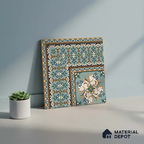 Moroccan Floor Tile TL 10332 Pavment Green Corner | 1 ft x 1 ft Ceramic Matte Finish - 9 mm | Suitable for Living Room, Bedroom, Terrace, Balcony, Dining | Please Expect a Slight Variation of Pattern