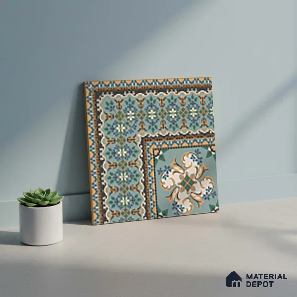 Moroccan Floor Tile TL 10332 Pavment Green Corner | 1 ft x 1 ft Ceramic Matte Finish - 9 mm | Suitable for Living Room, Kitchen, Dining Area | Please Expect a Slight Variation of Pattern